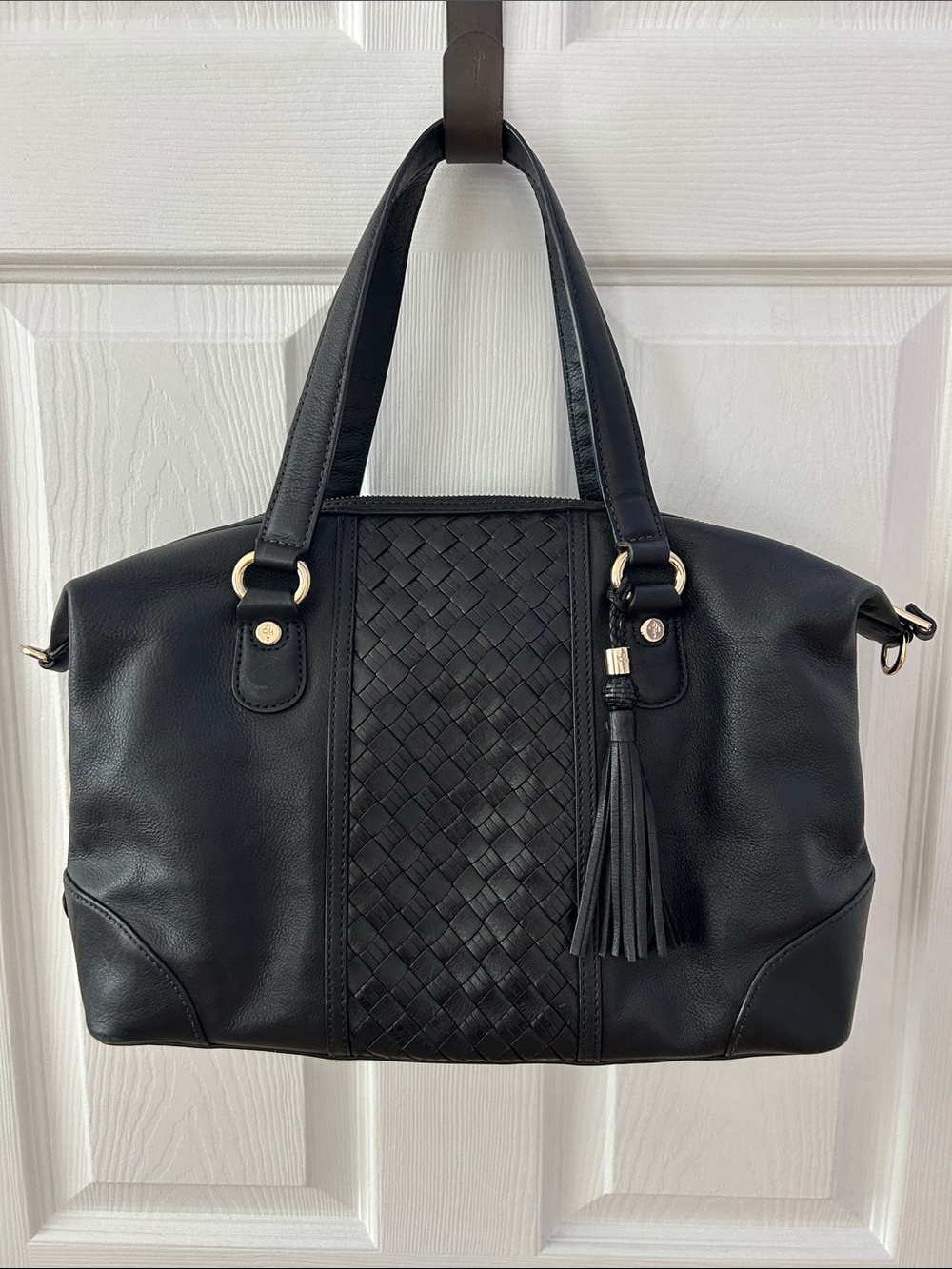 Cole Haan Black Pebble Leather Heritage Woven Tassel Tote EUC